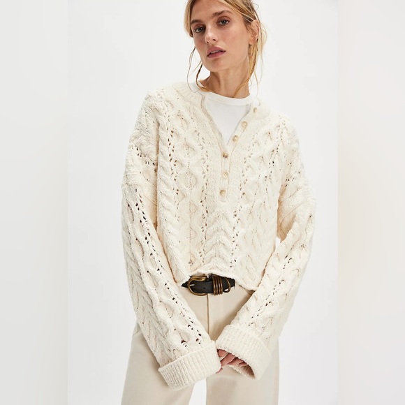 NWT FREE PEOPLE Polly Cable-Knit Sweater | Cream MSRP $148 XS Oversized CURRENT - Picture 2 of 9